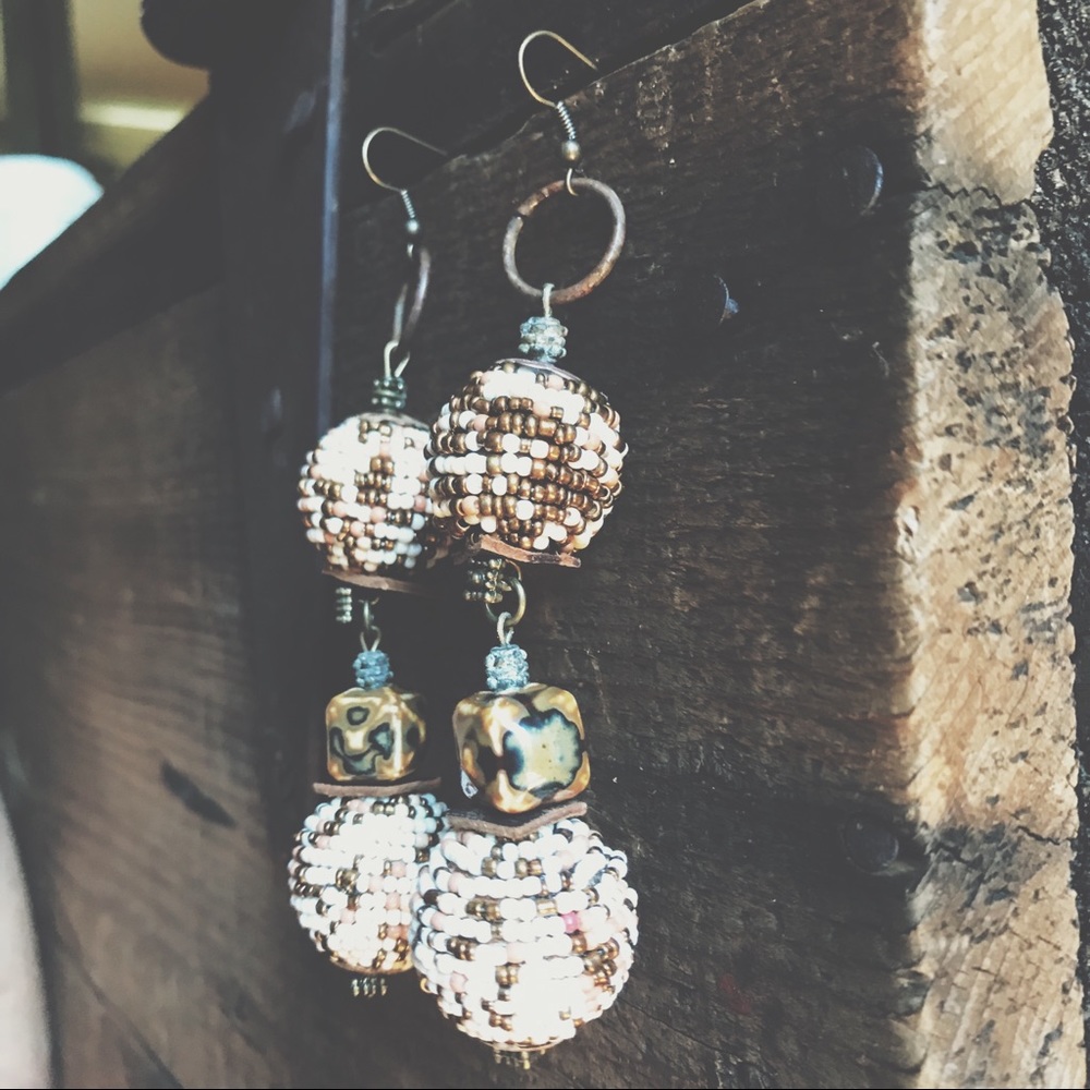 Seed Beaded Spheres,Leather, &Ceramic Swirl Bead